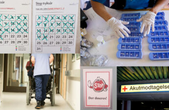 Collage af bl.a. patientsikkerhedskalender, medicindispensering, en person, der skubber en kørestol og et skilt med akutmodtagelse.