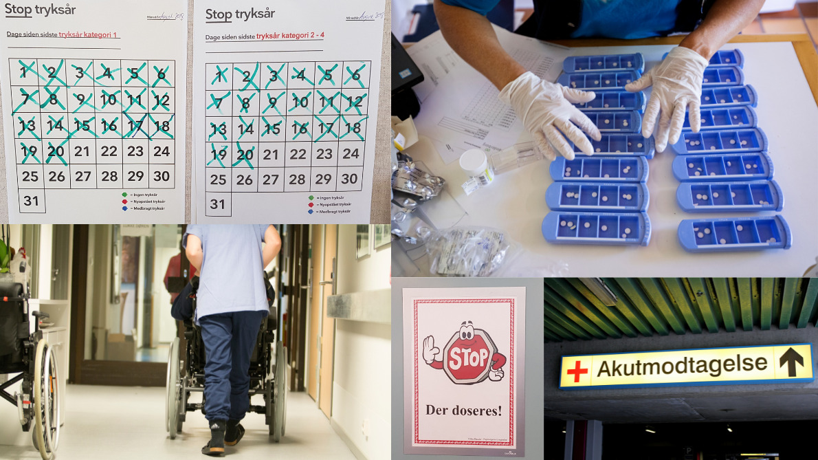 Collage af bl.a. patientsikkerhedskalender, medicindispensering, en person, der skubber en kørestol og et skilt med akutmodtagelse.