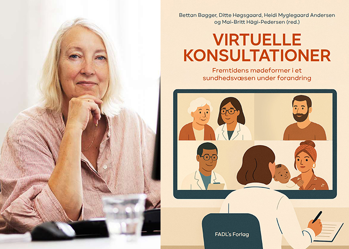 Portræt af Inge Kristensen og forside af bogen "Virtuelle konsultationer"
