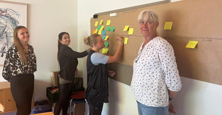 Fire medarbejdere ses foran et stort brown paper på væggen, hvorpå de sætter post-its i forskellige farver.