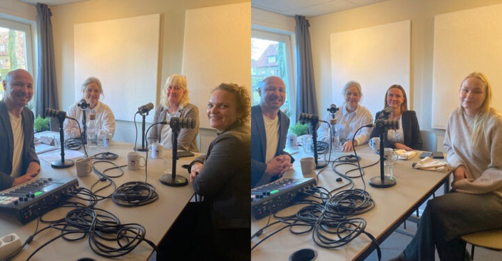 To billeder ved siden af hinanden. Begge er fra et optagestudie, hvor der sidder mennesker om et bord. Der er mirkofoner og ledninger på bordet.