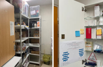 Til højre ses et depotrum med alle mulige blandede ting. Til venstre ses et skab med organiseret medicin.