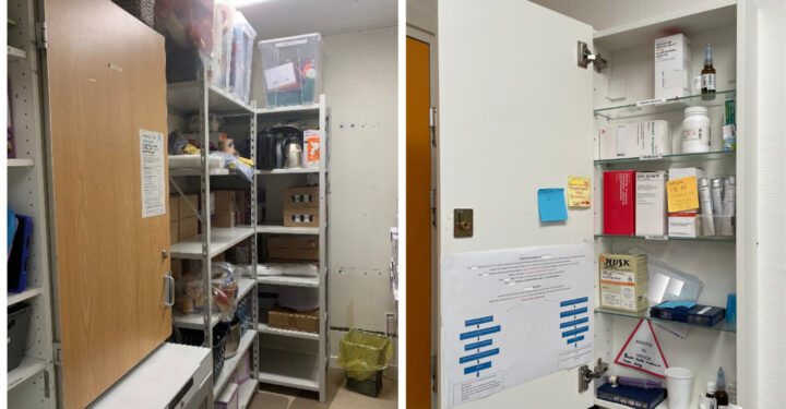 Til højre ses et depotrum med alle mulige blandede ting. Til venstre ses et skab med organiseret medicin.