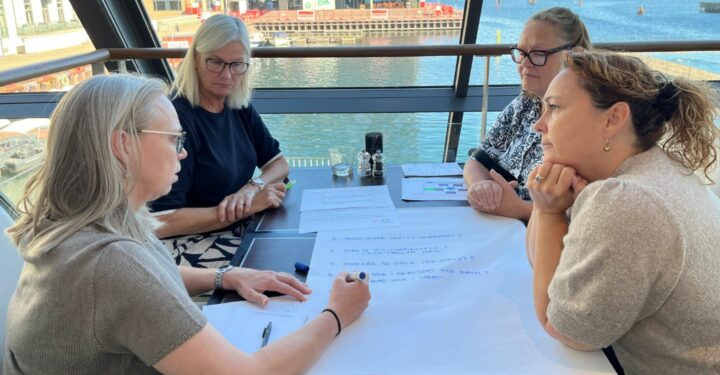 Fire kususdeltagere sidder sammen om et bord og skriver punkter ned på et stort stykke papir