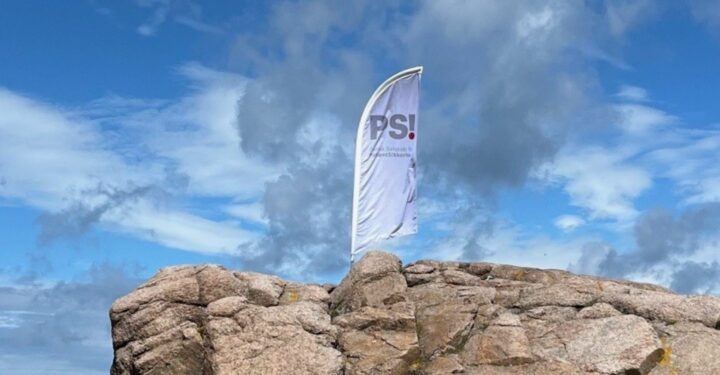 beach-flag med logo for Dansk Selskab for Patientsikkerhed sat fast mellem klipperne på Bornholm